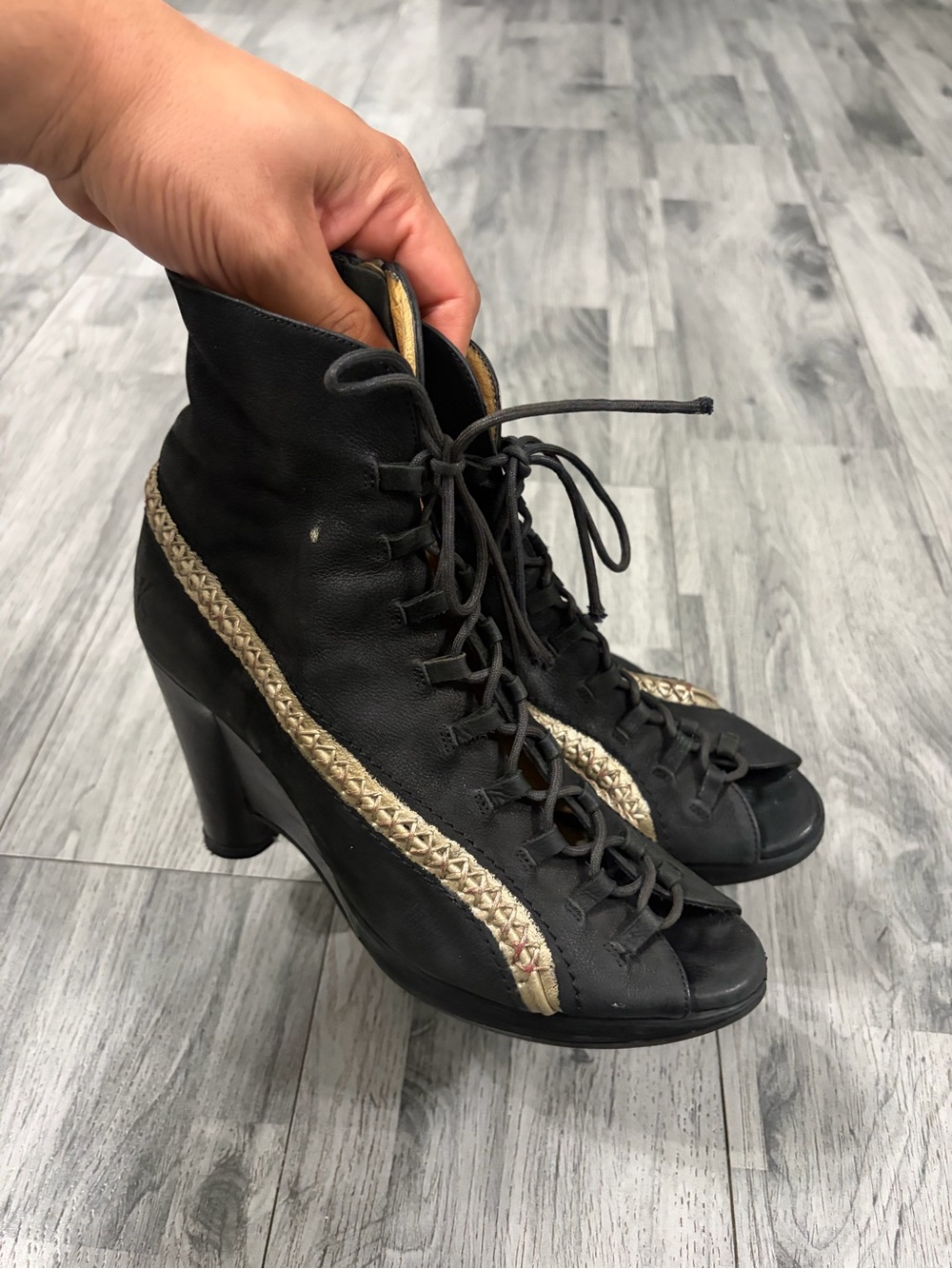 John Fluevog Black Lace-Up High Heel Ankle Boots with Gold Braid Detail